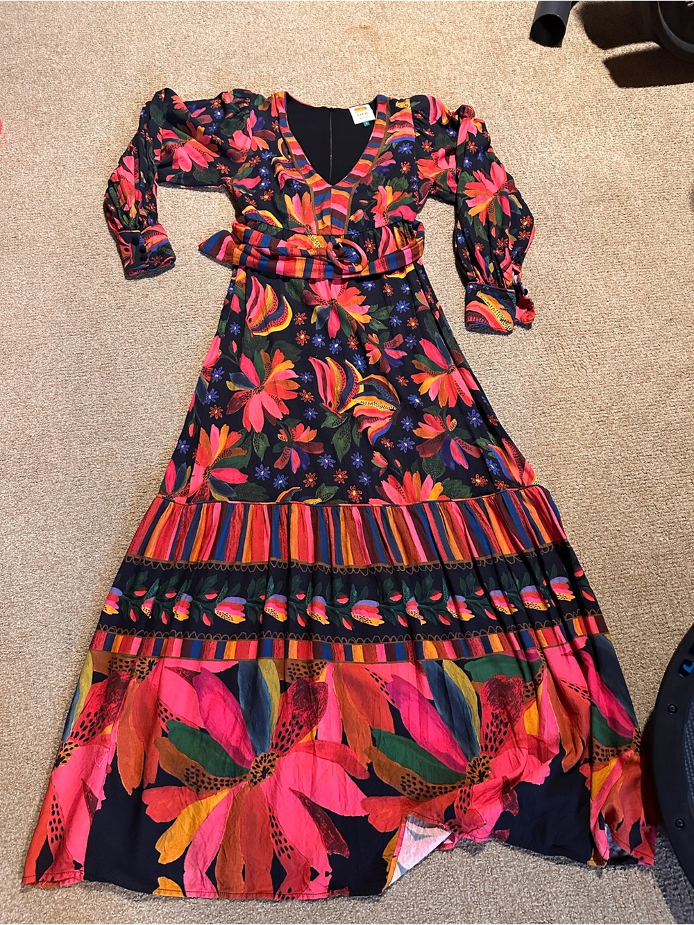 FARM Rio Black Maxi Dress with Pink, Orange & Green Floral Print